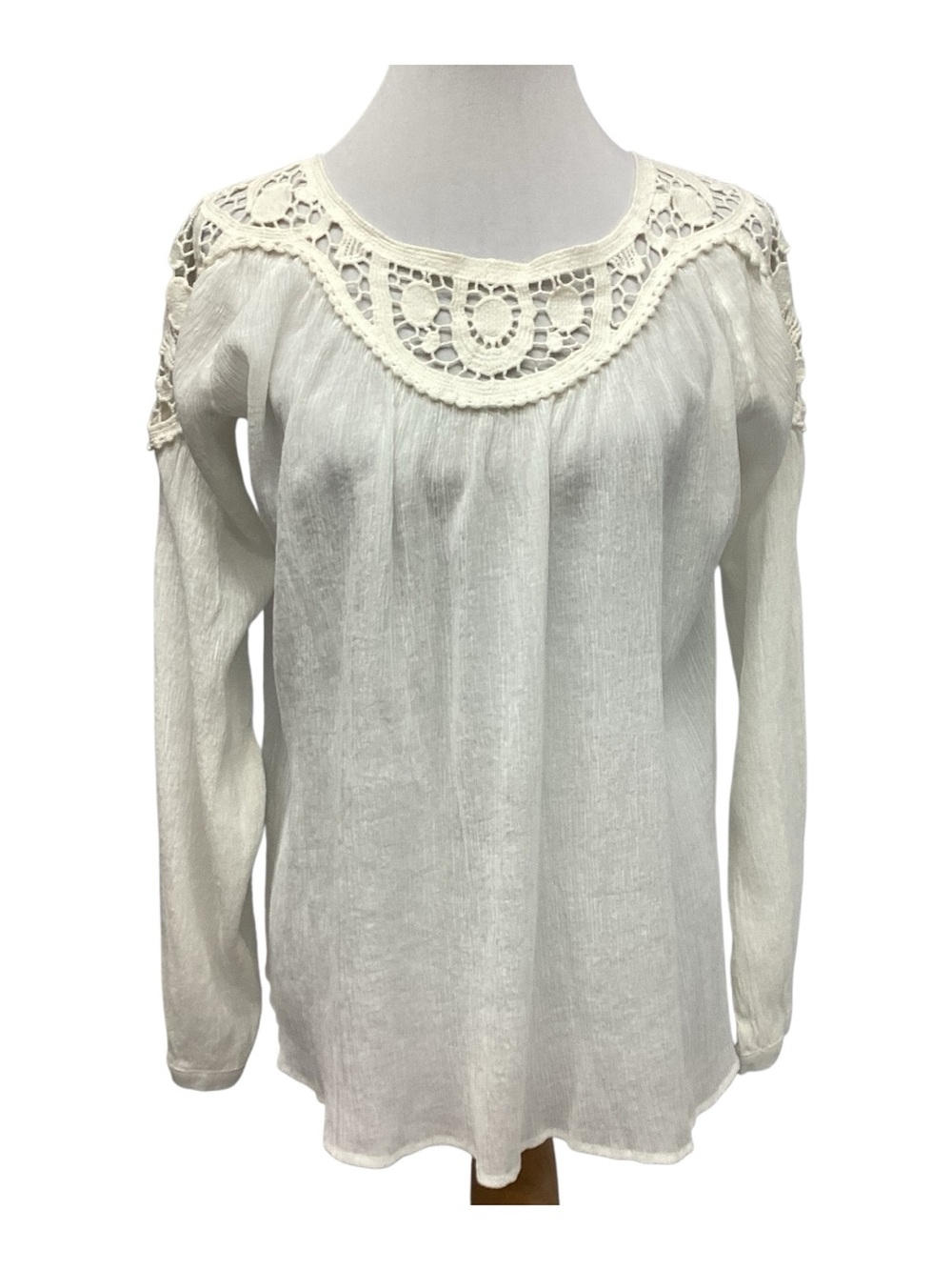 Sundance Ivory Gauze Crochet-Trim Long Sleeve Boho Top Size L